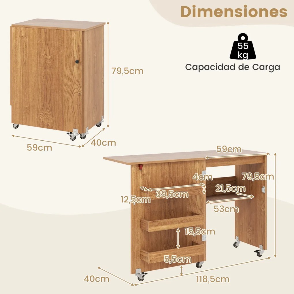 Mesa de costura dobrável com prateleira, 3 compartimentos ocultos e rodas bloqueáveis, 118,5 x 40 x 79,5 cm, natural