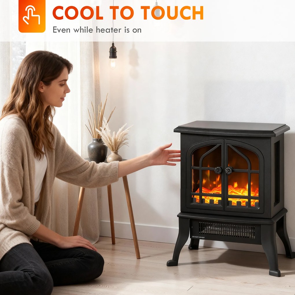 Lareira Elétrica 900/1800W 39x24x48 cm com Efeito Chama 3D 2 Níveis de Potência Termóstato Ajustável  para 15-30 ㎡  Preto