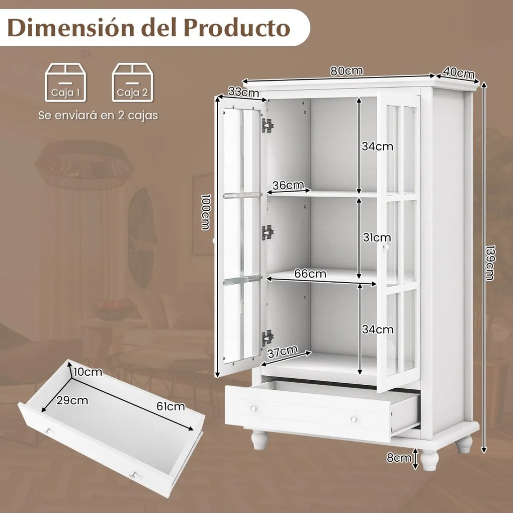 Estante arrumação com portas de vidro temperado e estante ajustável para escritório e sala de estar 80 x 40 x 139 cm Branco