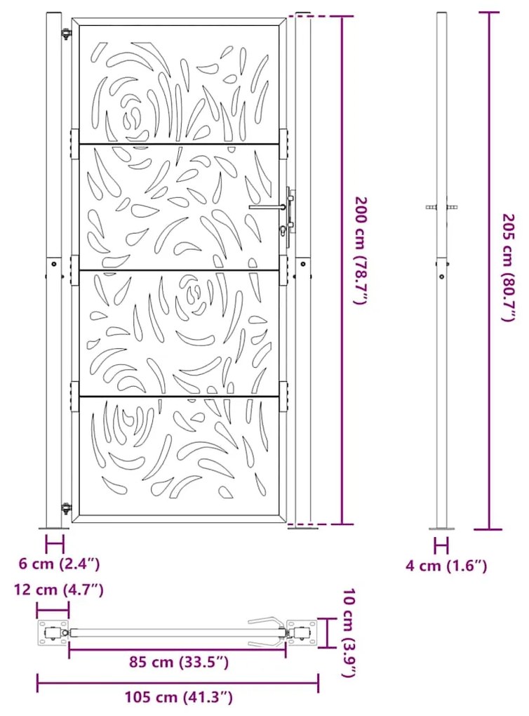 Portão de jardim 105x205 cm preto design de chama de aço