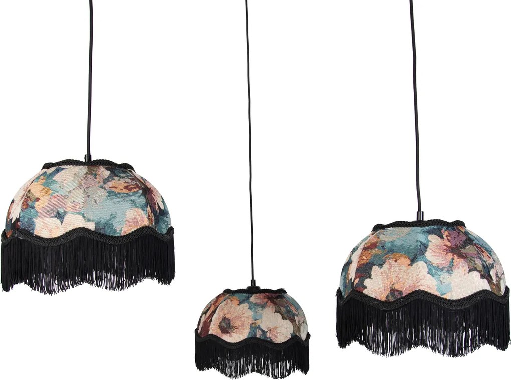 Candeeiro suspenso preto com abajur floral e interior branco 31,5cm 3-luzes - Cava