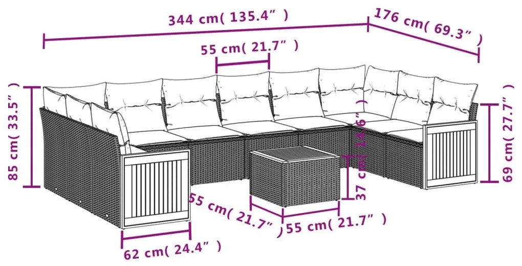 11 pcs conjunto sofás de jardim c/ almofadões vime PE bege