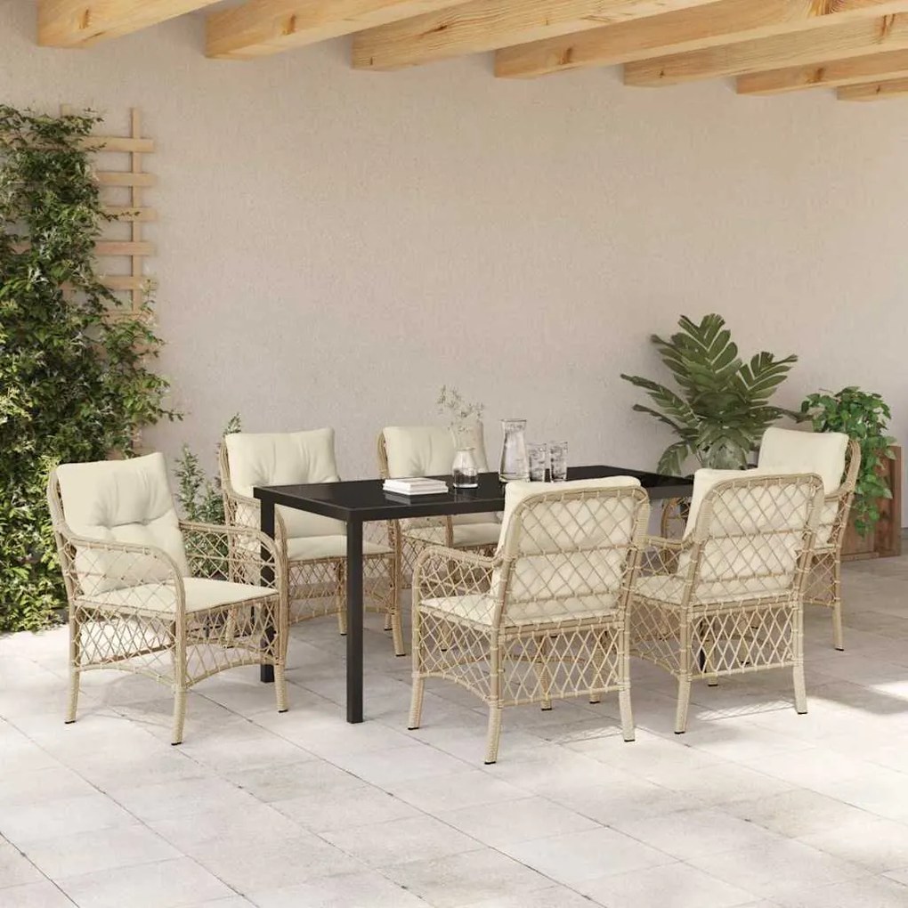 Conjunto de Jantar Jardim 7 Peças com Almofadas Bejas em Rattan Sintét