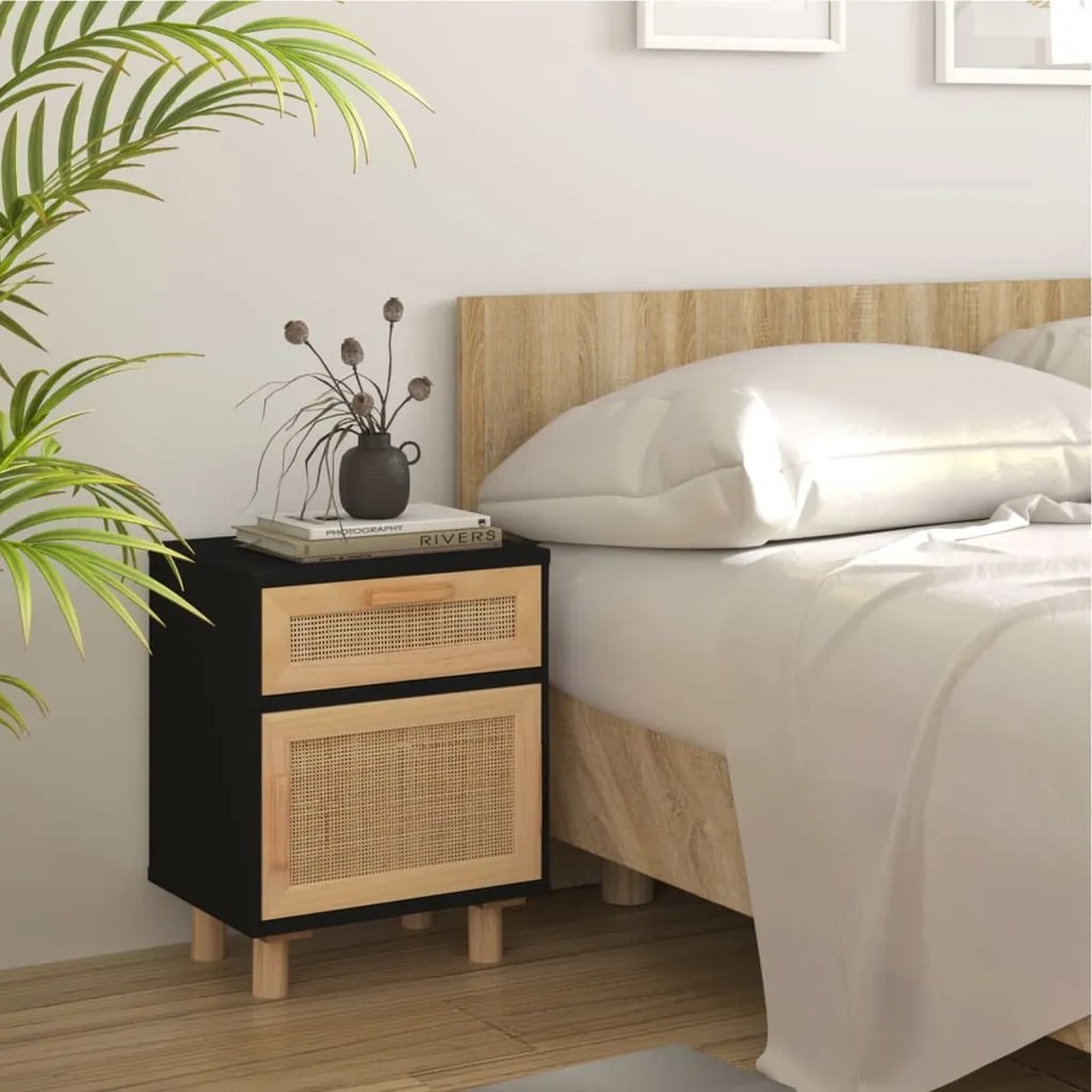 vidaXL Mesa de cabeceira pinho maciço e vime natural preto