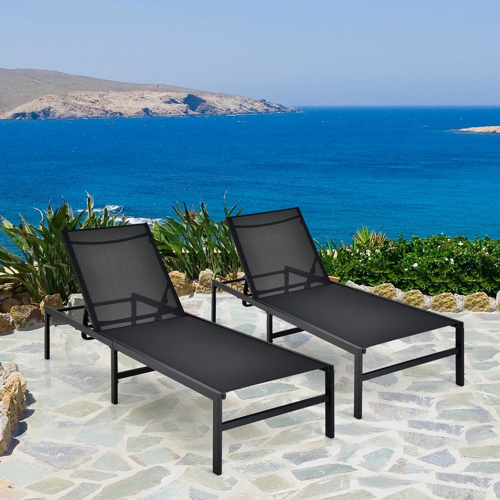 Conjunto de 2 Espreguiçadeiras de Terraço, 64 x 198 x 67-103 cm, Encosto Reclinável em 6 Níveis, Preto