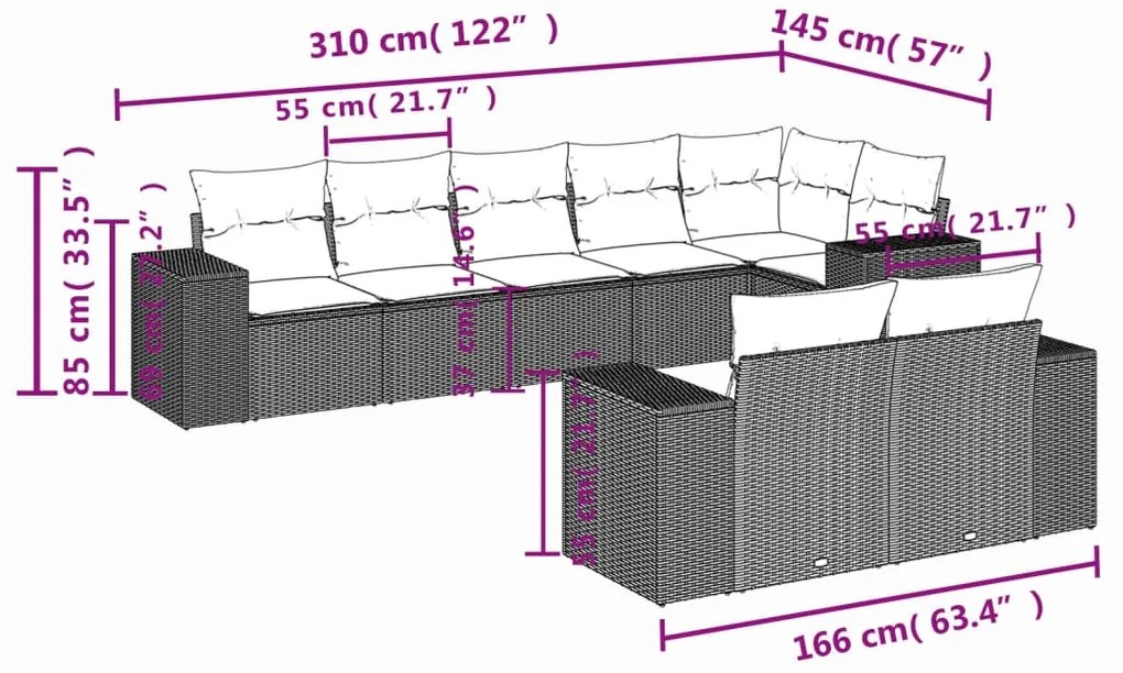 8 pcs conjunto sofás de jardim c/ almofadões vime PE cinzento
