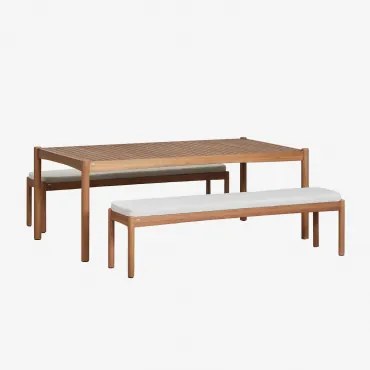 Conjunto De Mesa Retangular (200x100 Cm) E 2 Bancos De Jardim Em Madeira De Eucalipto Aderyn Castanho Eucalipto - Sklum
