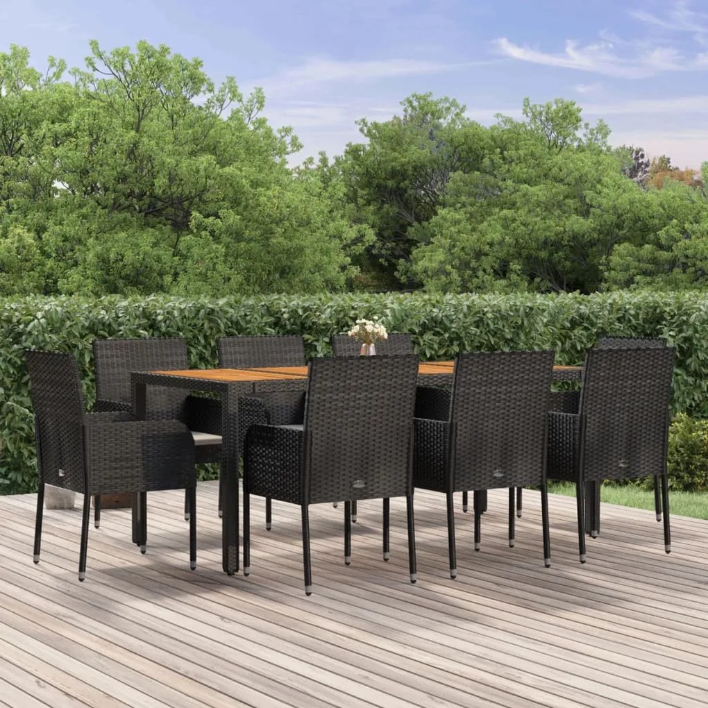 9 pcs conjunto de jantar p/ jardim c/ almofadões vime PE preto