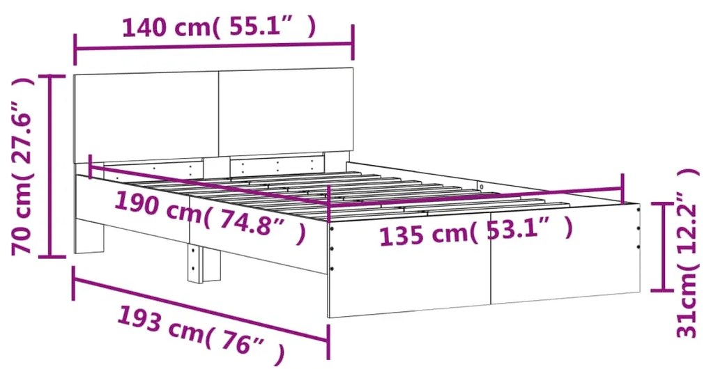 Estrutura de cama com cabeceira 135x190 cm cinzento sonoma