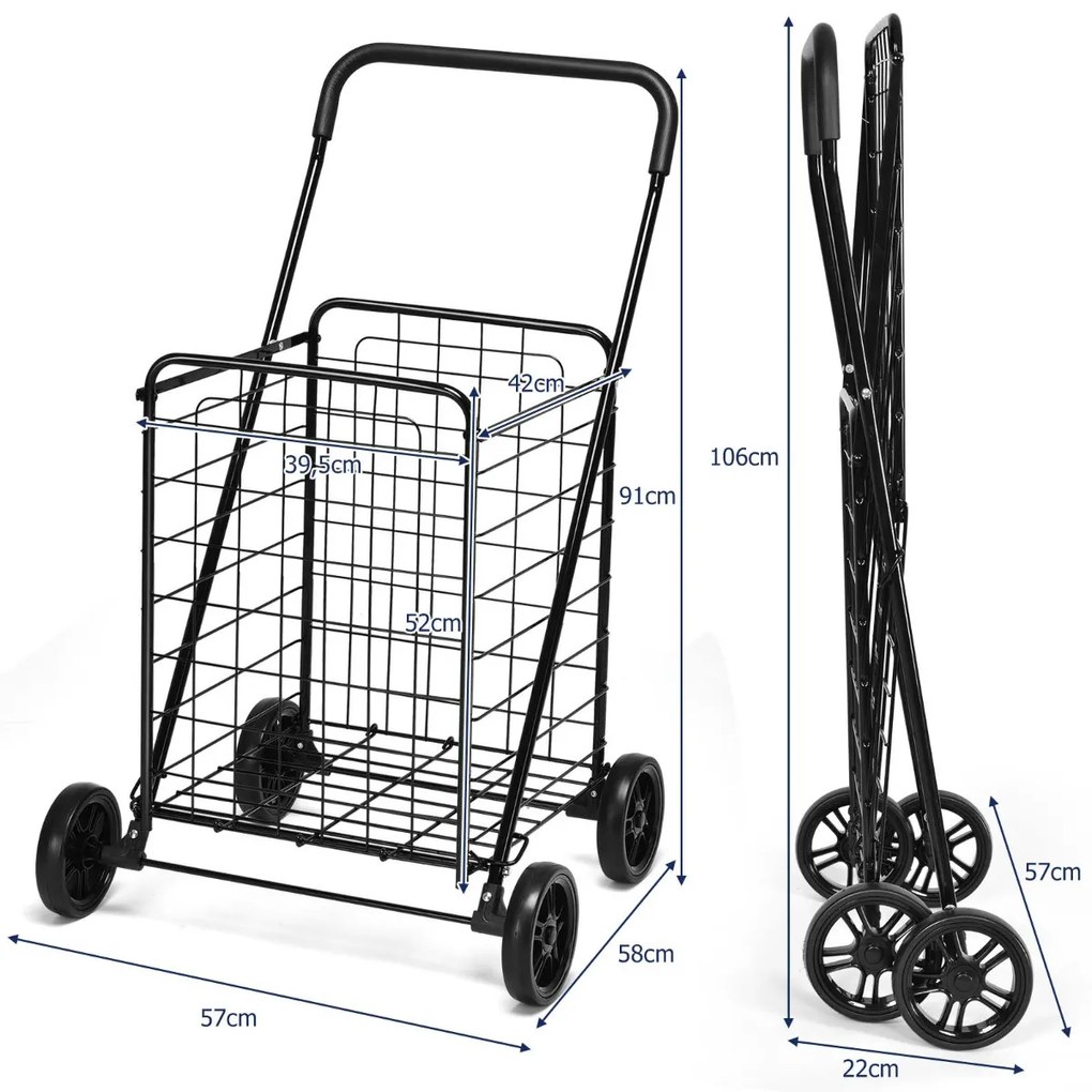 Carrinho de compras grande, leve e dobrável com rodas giratórias Capacidade para 45 kg 57 x 58 x 91cm Preto