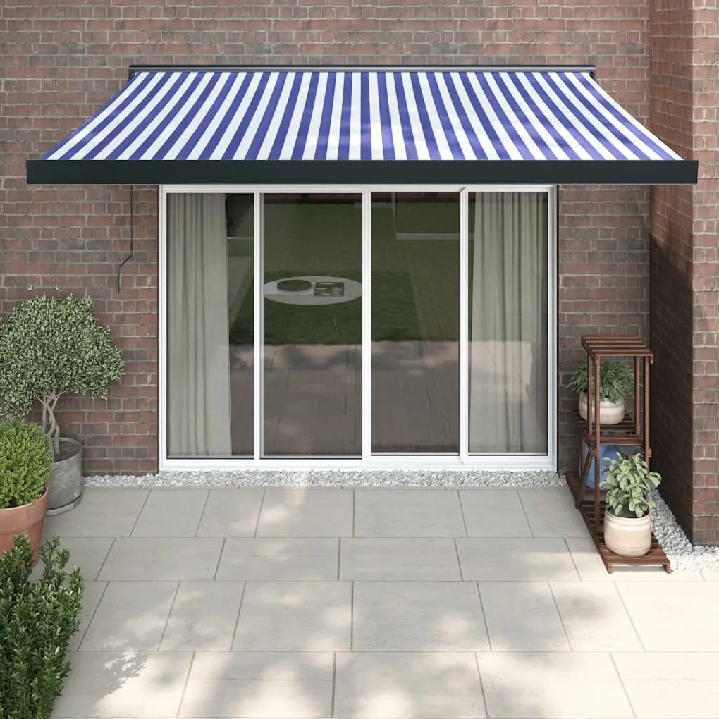 vidaXL Toldo retrátil 3,5x2,5 m tecido e alumínio azul e branco
