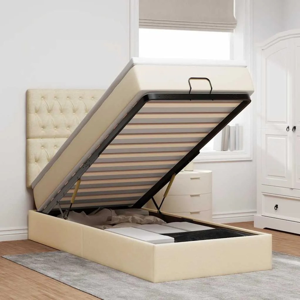 vidaXL Cama Otomana com colchão &amp; LEDs 90x200 cm tecido creme