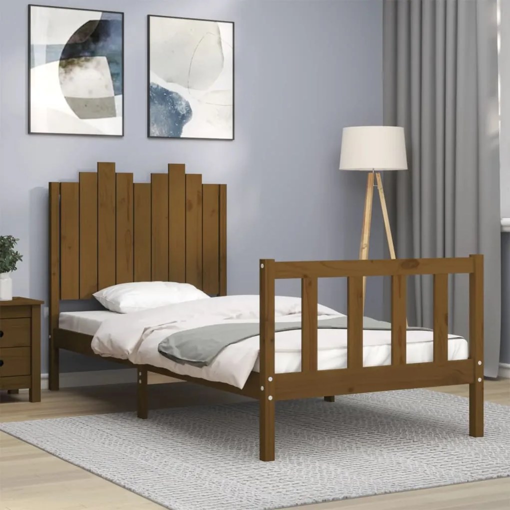 Estrutura cama cabeceira 90x190 cm madeira maciça castanho-mel