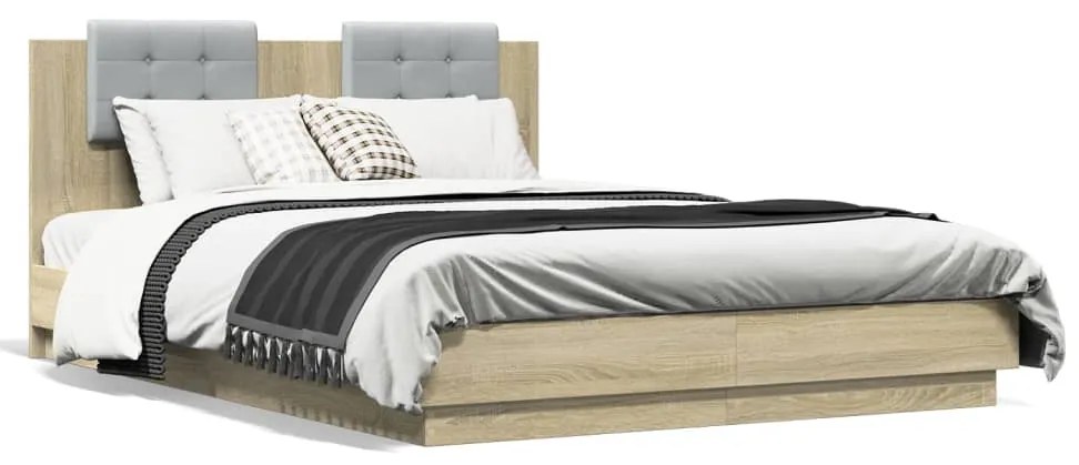 Estrutura cama c/ cabeceira/luzes LED 140x200cm carvalho sonoma