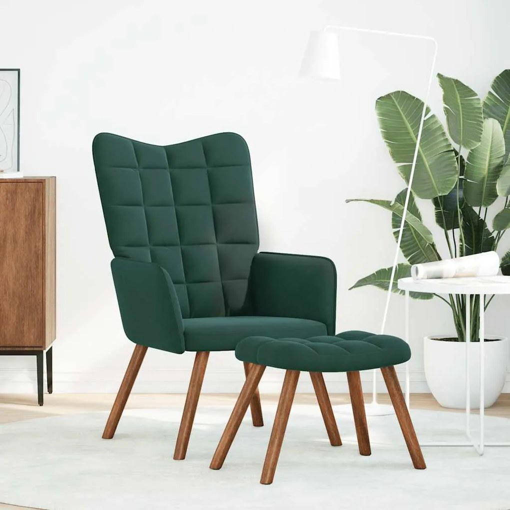 Cadeira de descanso com banco veludo verde-escuro