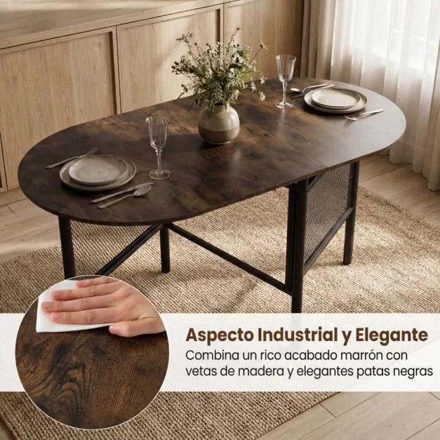 Mesa de jantar dobrável oval com abas rebatíveis para 6-8 pessoas, 150 x 80 x 76 cm, com pés metálicos Estilo Industrial castanho Rústico + preto