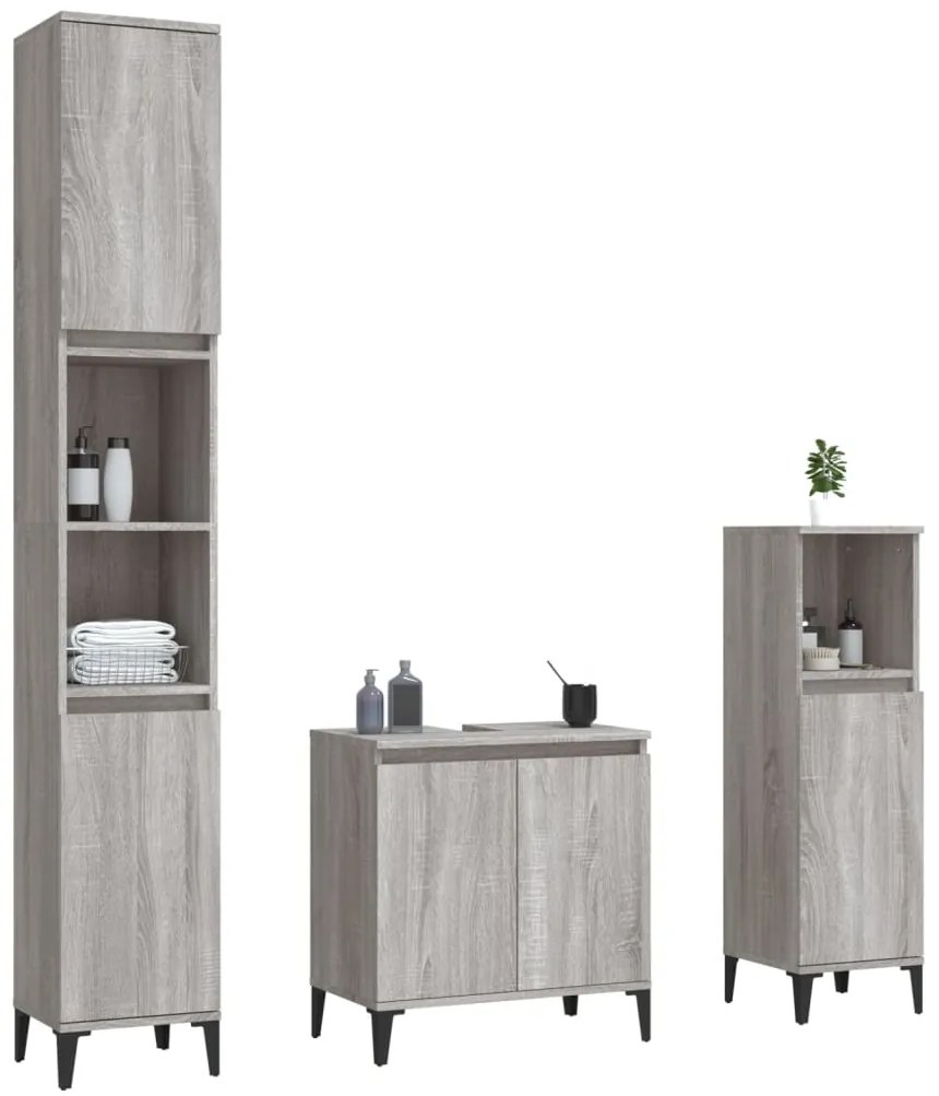 3 pcs Conjunto móveis casa de banho madeira proc. cinza sonoma