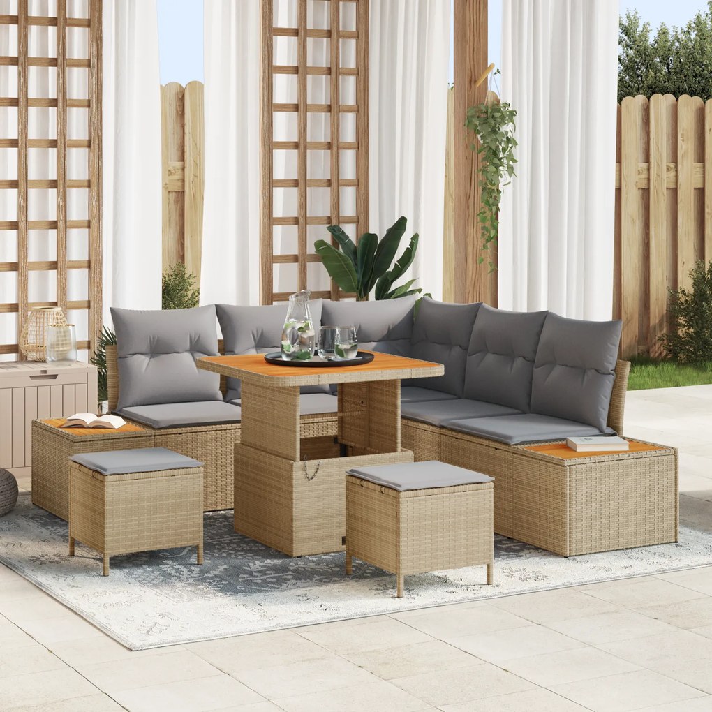 Conjunto de Sofá de Jardim vidaXL de 8 Peças com Almofadas Bege Rattan Versátil Acácia