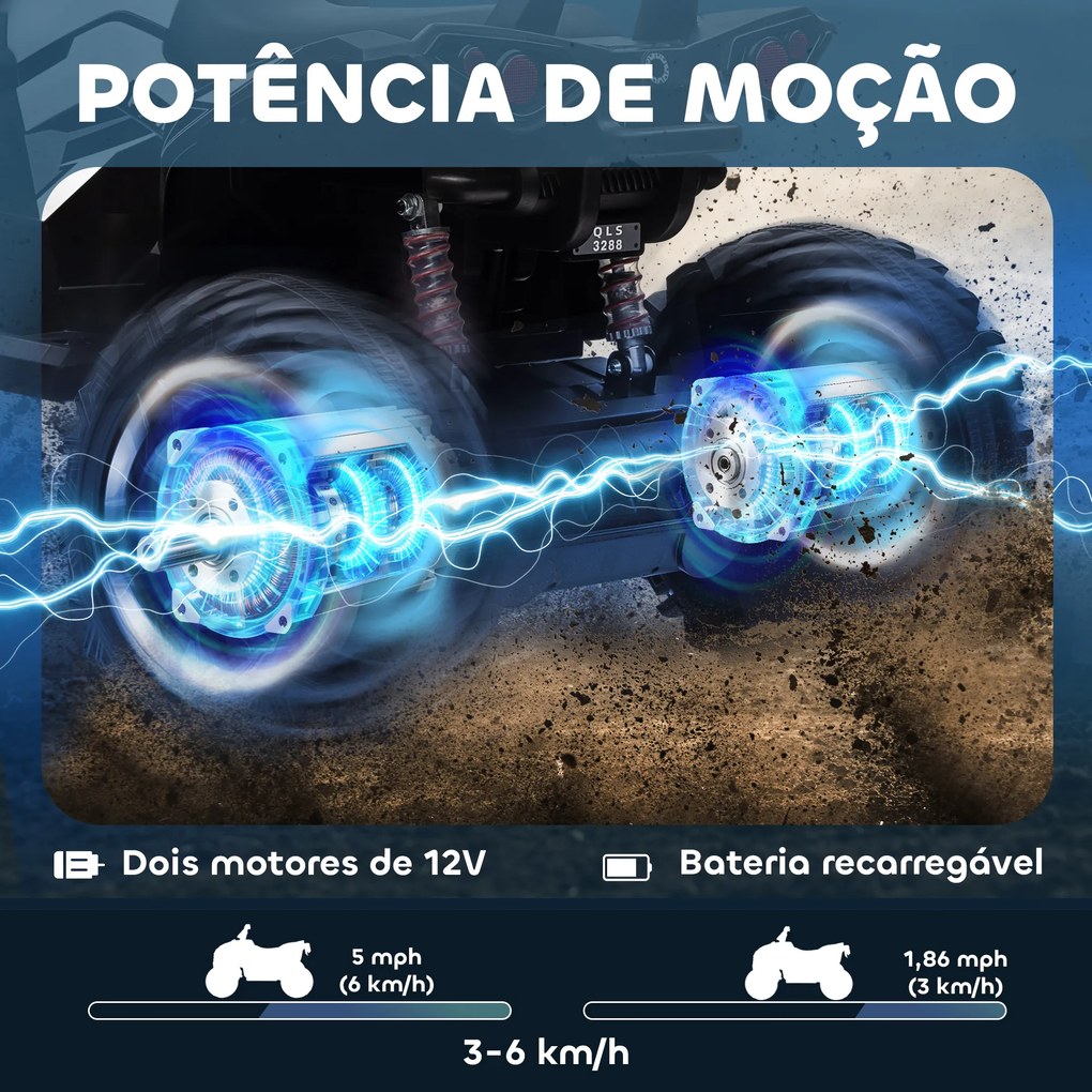 Moto 4 Elétrica 12V para Crianças com Farol Música Pneus de Suspensão Botões Avance e Retrocesso 100x65x73cm Branco