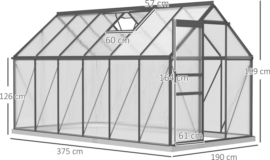 Estufa de jardim em alumínio e policarbonato com base, estufa com janela ajustável e porta de correr 190 x 375 x 199 cm
