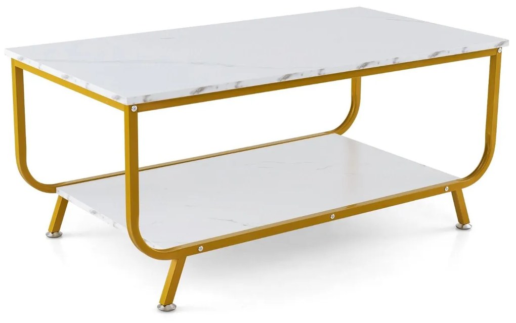 Mesa de centro moderna em mármore com Estante para Sala de Estar Escritório 105 x 55 x 46,5 cm Branco e dourado