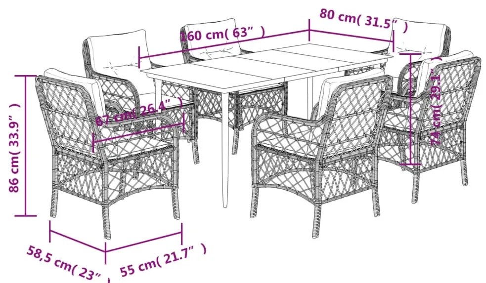7 pcs conj. jantar p/ jardim c/ almofadões vime PE cinza-claro