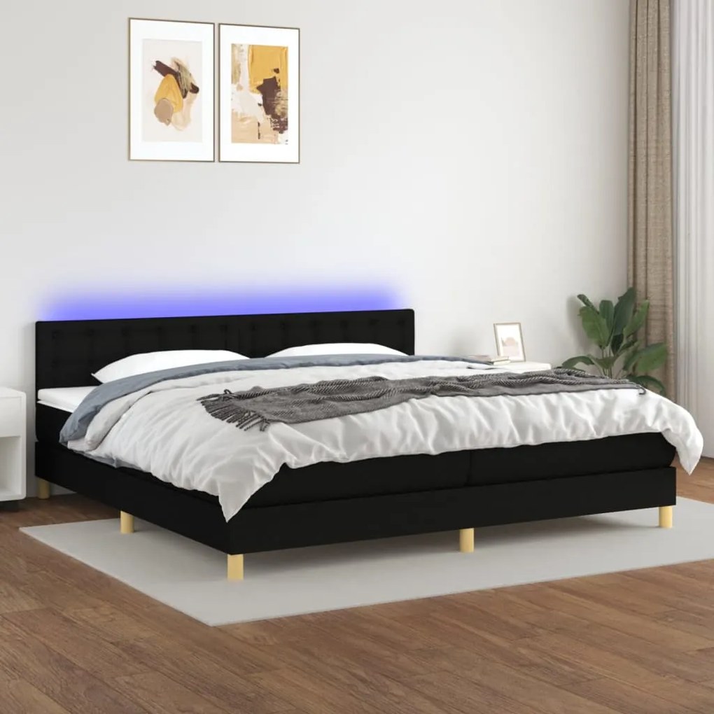 Cama box spring c/ colchão e LED 200x200 cm tecido preto