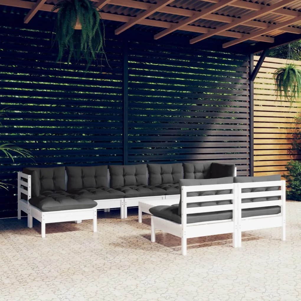 10 pcs conjunto lounge de jardim c/ almofadões pinho branco