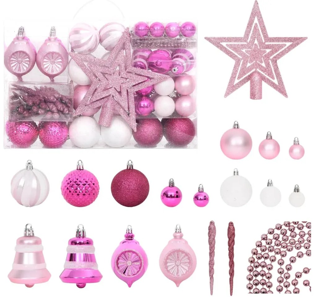 330094 vidaXL 108 pcs conjunto de enfeites de Natal branco e rosa