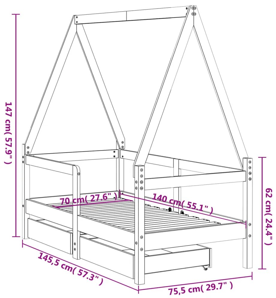 Estrutura de cama infantil c/ gavetas 70x140 cm pinho maciço