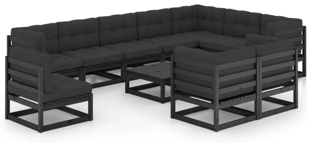 11 pcs conjunto longue jardim c/ almofadões pinho maciço preto