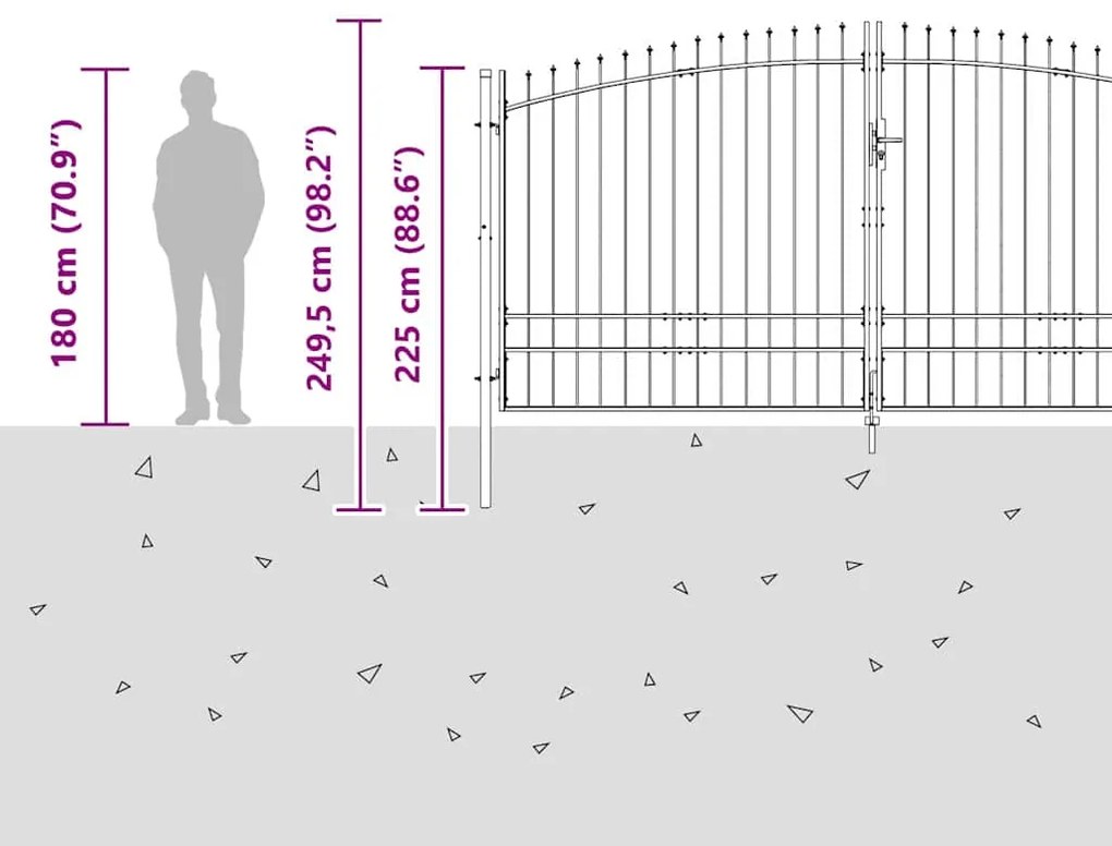 Portão de Jardim com Ponta de Lança Dupla Abertura Cinza 200x400 cm Aç