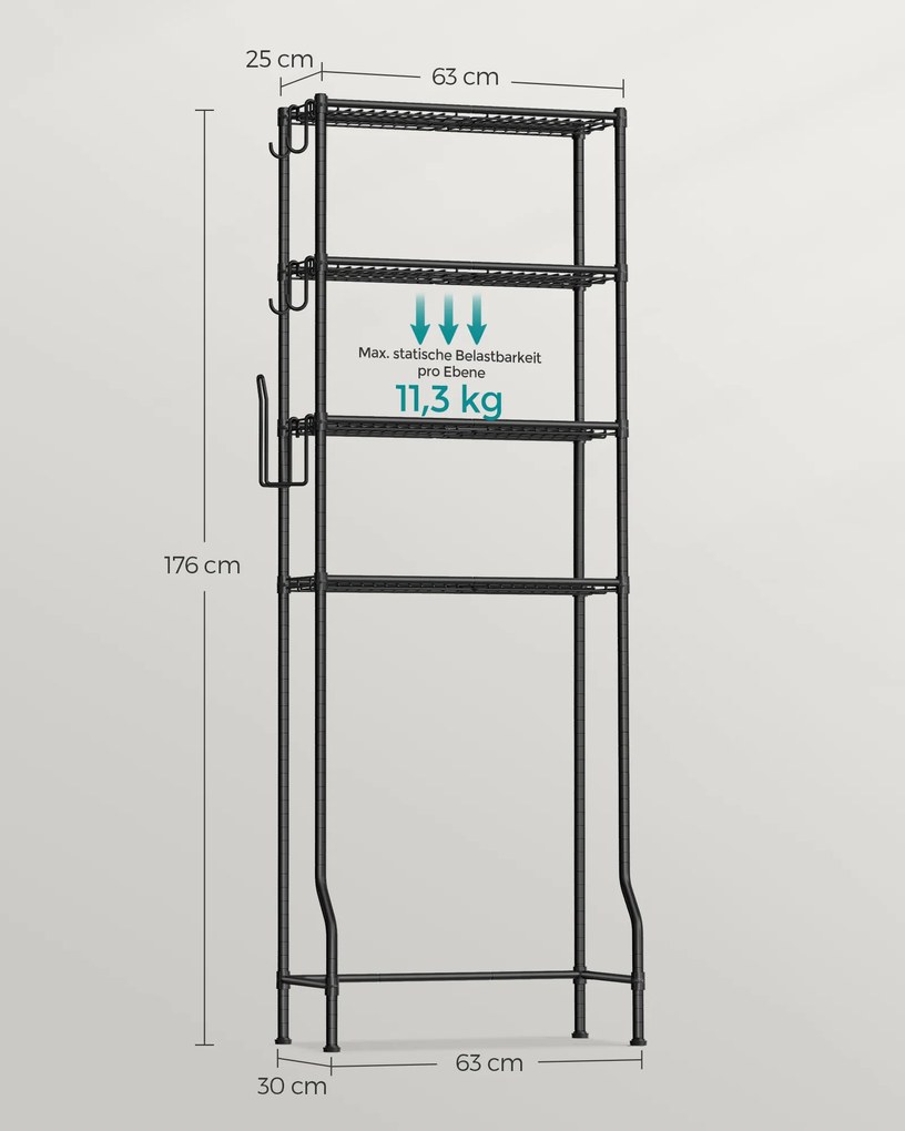 Estante de sanita de 4 prateleiras com ganchos economizadora de espaço 30 x 63 x 176 cm preto