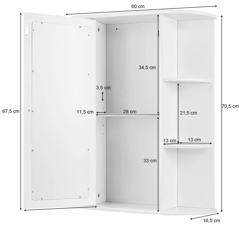 Armário de parede para casa de banho com espelho moderno com prateleiras para lavandaria 60 x 16,5 x 70,5 cm Branco