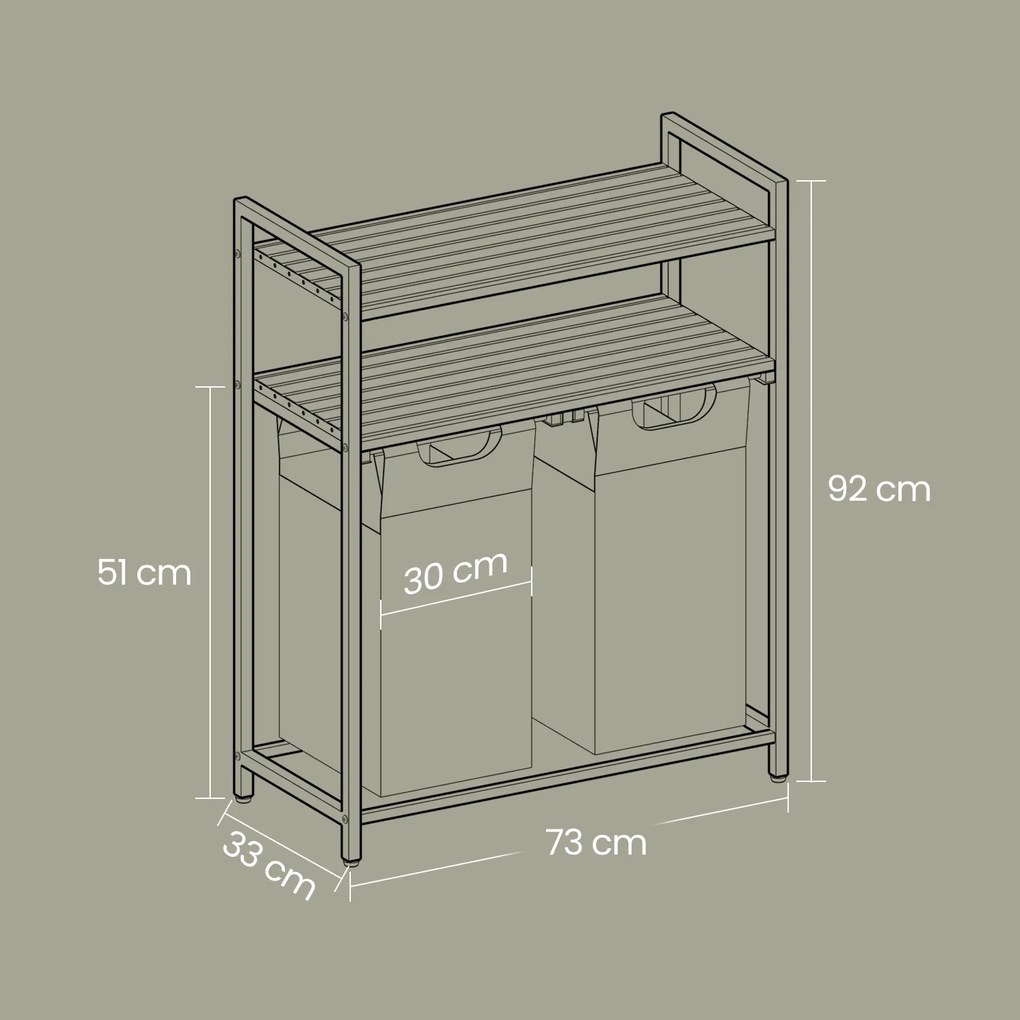 Cesto para roupa suja com 2 compartimentos com 2 prateleiras, saco removível e extraível 73 x 33 x 92 cm Branco