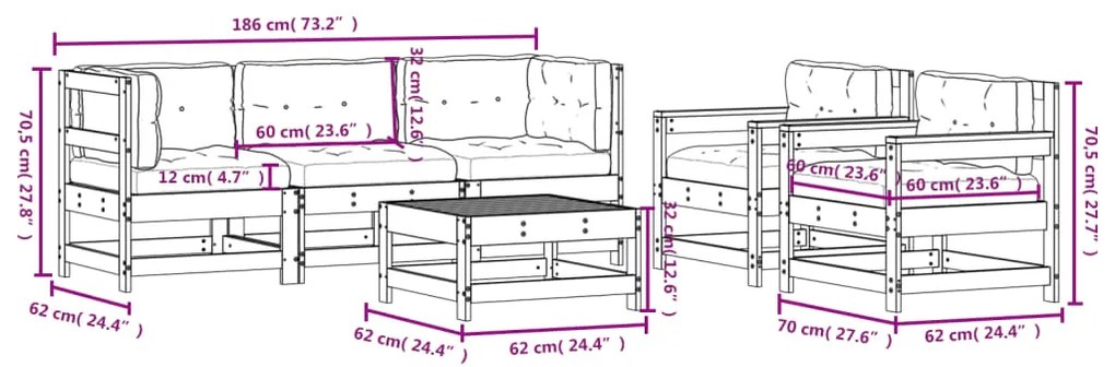6 pcs conjunto lounge de jardim com almofadões douglas maciça