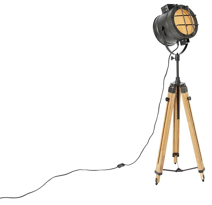 Candeeiro de chão tripé preto com foco de estúdio em madeira - Brilhante Industrial