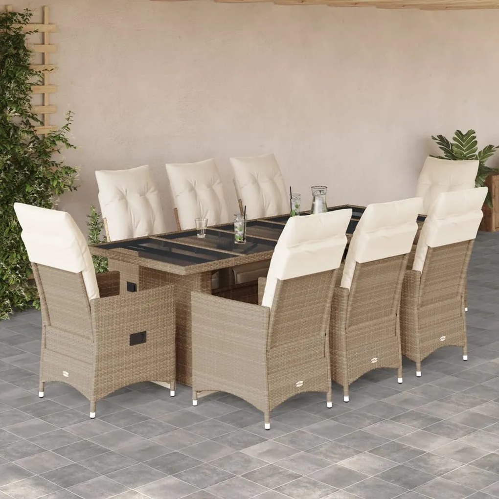 vidaXL 9 pcs conjunto de bistrô para jardim c/ almofadões vime PE bege