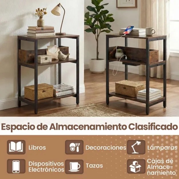 Mesa apoio de 3 níveis 40 x 30 x 61 cm com estação de carregamento USB e tomadas estilo industrial para sala e quarto Castanho Rústico e Preto