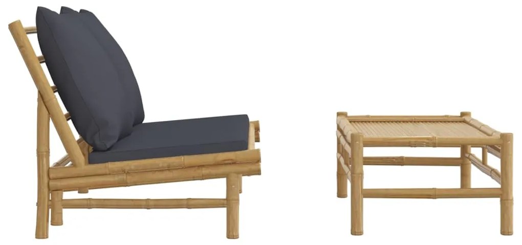 2pcs conj. lounge de jardim bambu c/ almofadões cinzento-escuro