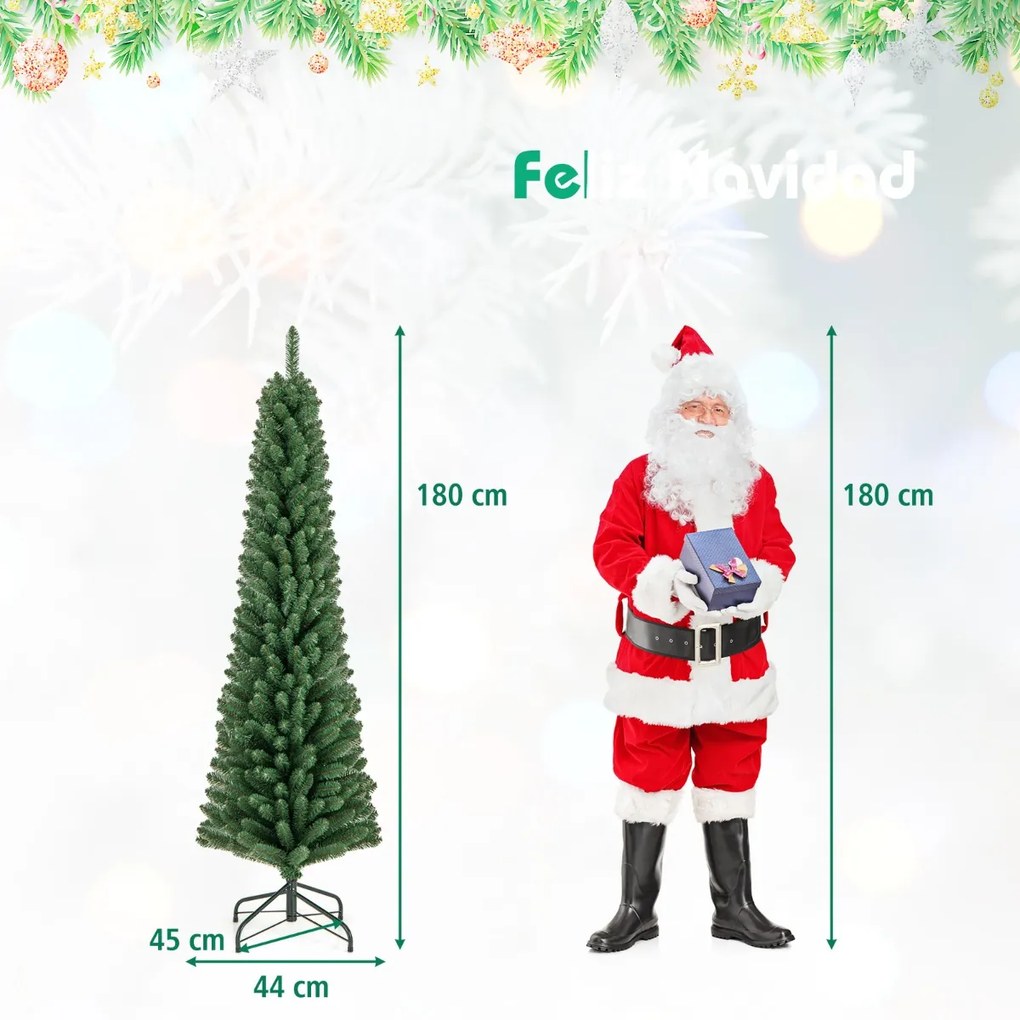 Árvore de Natal Artificial 180 CM forma Lápis com 392 pontas de ramos Base de fio de memória Base de metal Decoração de árvore fina Verde