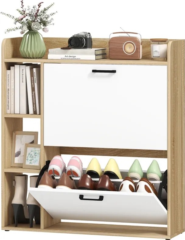 Sapateira Estreita com 3 Prateleiras Laterais e Prateleiras Ajustáveis para 15 Pares de Sapatos 83x24x90,5 cm Madeira e Branco