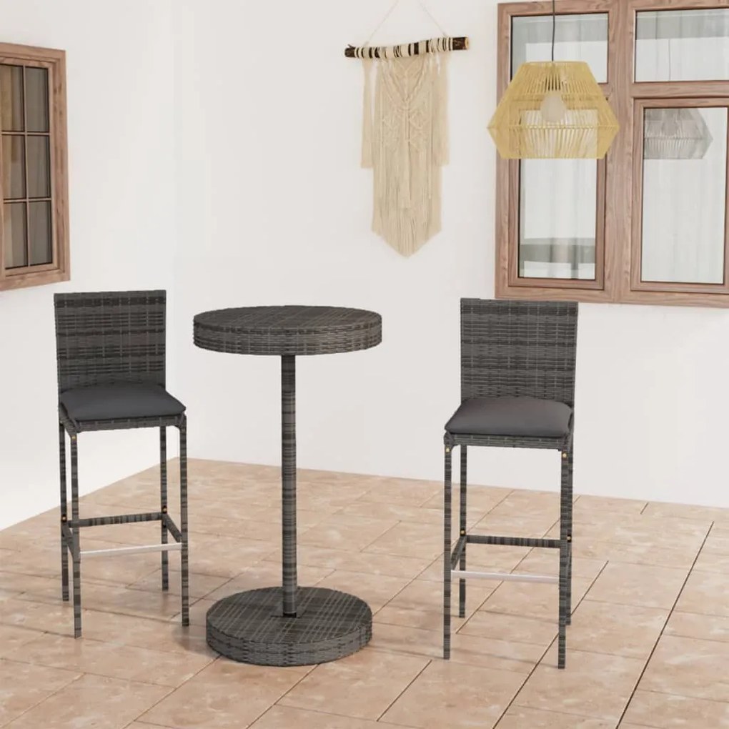3064765 vidaXL 3 pcs conjunto de bar p/ jardim c/ almofadões vime PE cinzento