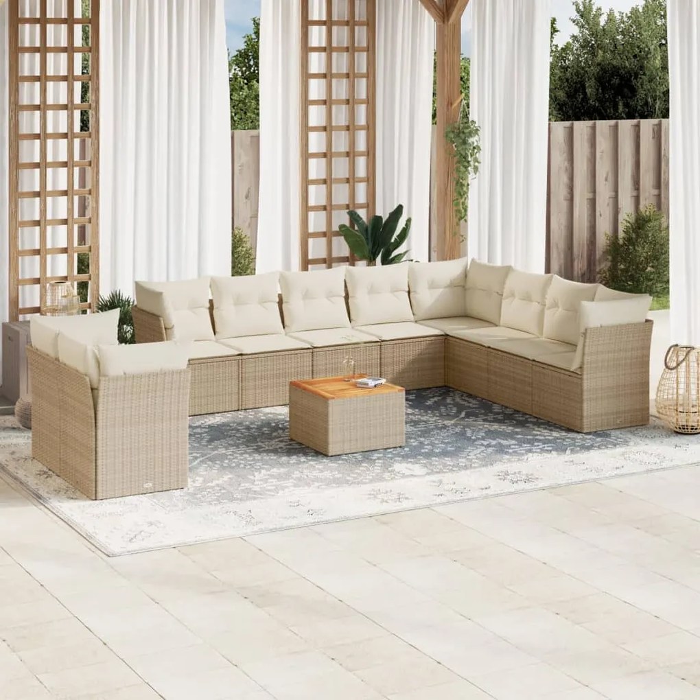 11 pcs conjunto sofás de jardim c/ almofadões vime PE bege