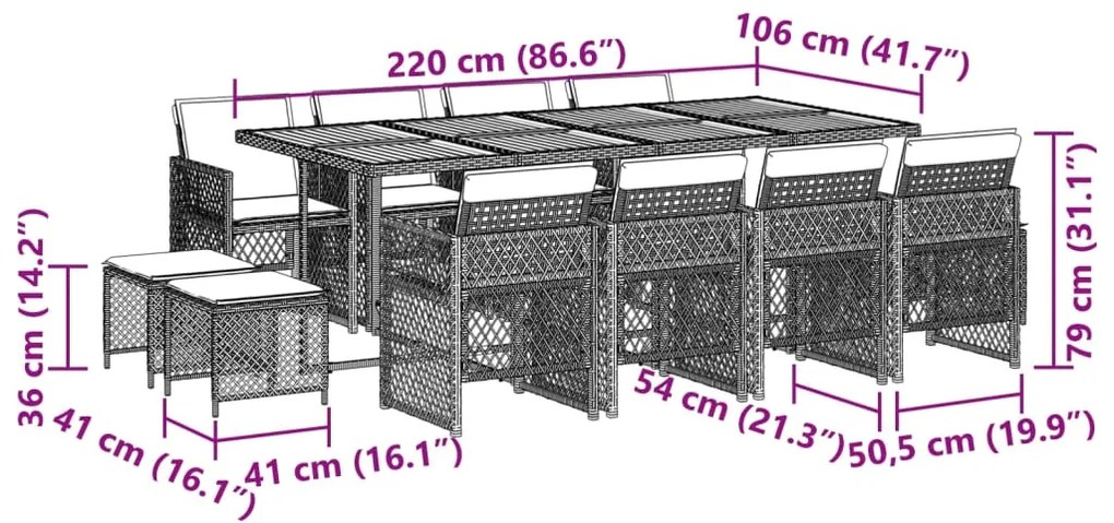 13 pcs conjunto jantar p/ jardim c/ almofadões vime PE cinzento