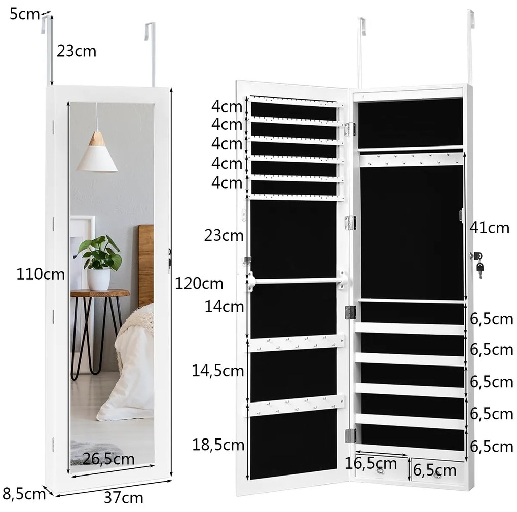 Espelho guarda jóias pendurar na parede da porta com luzes LED Armário de joias com fechadura 2 gavetas 5 prateleiras 29 ganchos 37 x 8,5 x 120 cm Bra