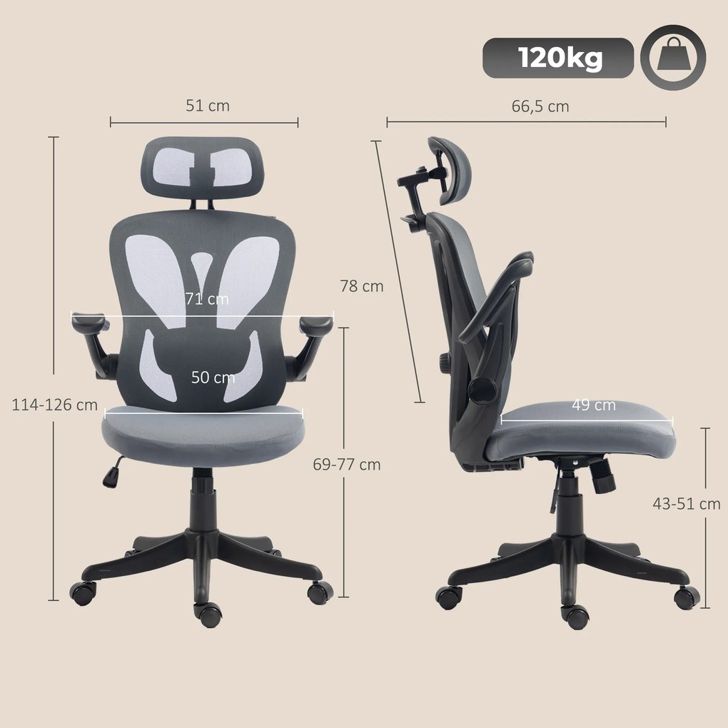 Cadeira de escritório ergonómica com braços 3D e apoio para a cabeça ajustável, cadeira de escritório em malha, cinzenta
