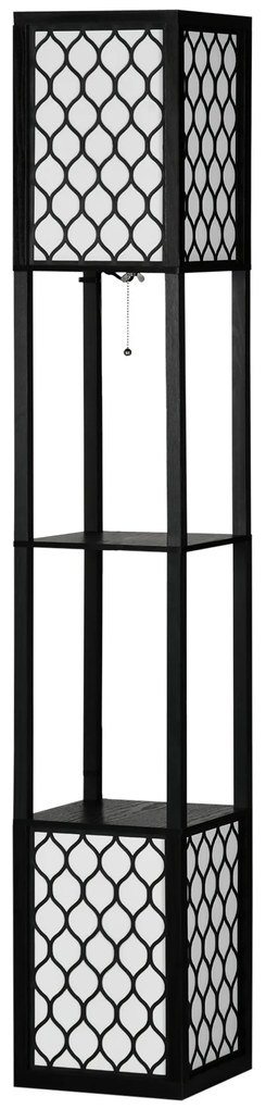 HOMCOM Luminária de Chão Candeeiro Pé Madeira Estantes Lâmpada E27 Máx 40W Interruptor Design Moderno 26x26x156cm Preto Branco | Aosom Portugal