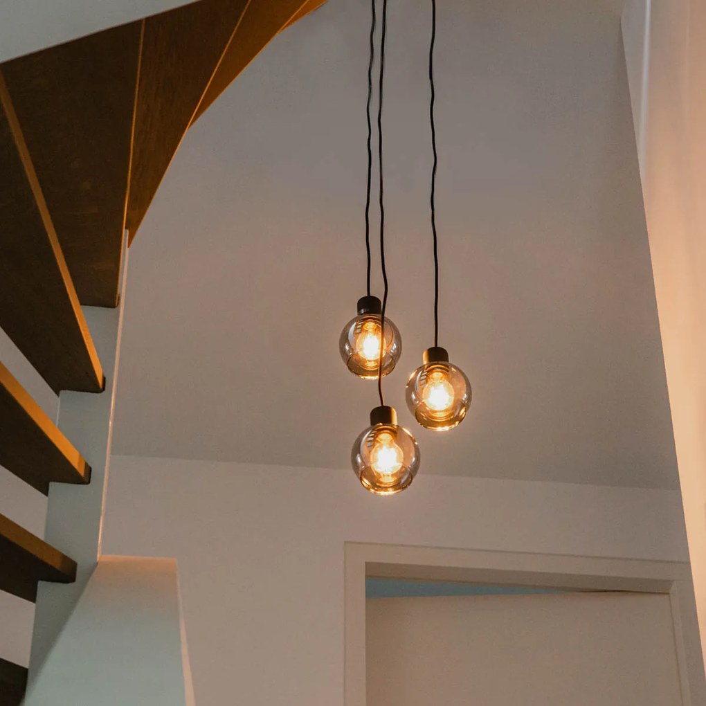 Candeeiro de suspensão Art Deco preto com vidro fumê redondo 3-luzes - Vidro