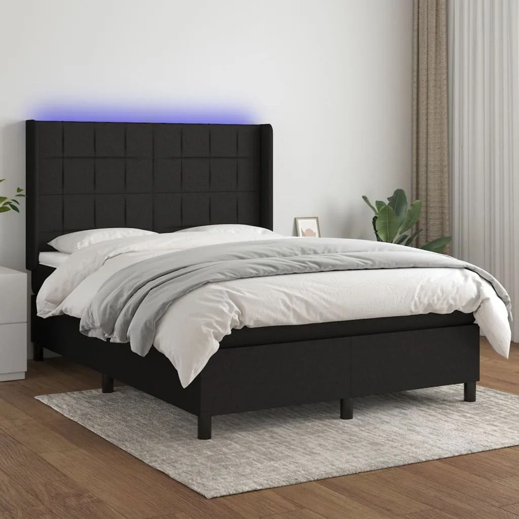 Cama box spring c/ colchão e LED 140x190 cm tecido preto